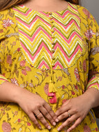 Plus Size Yellow Cotton Floral Print Straight Kurta-375