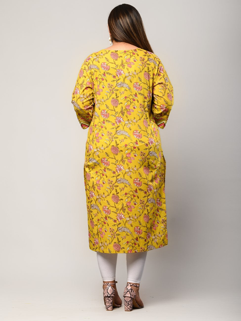 Plus Size Yellow Cotton Floral Print Straight Kurta-375