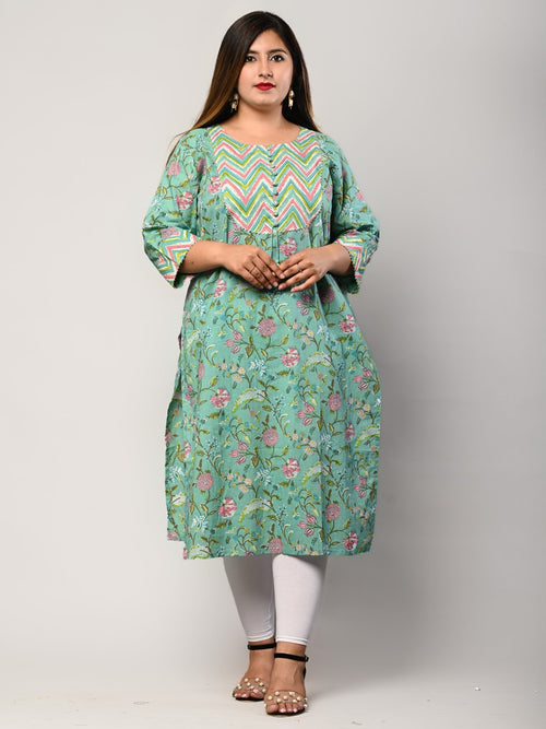 Plus Size Green Cotton Floral Print Straight Kurta-375