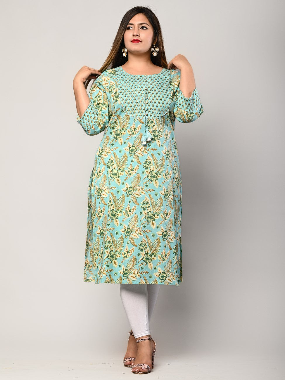 Plus Size Green Cotton Floral Print Straight Kurta-376