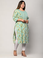 Plus Size Green Cotton Floral Print Straight Kurta-376