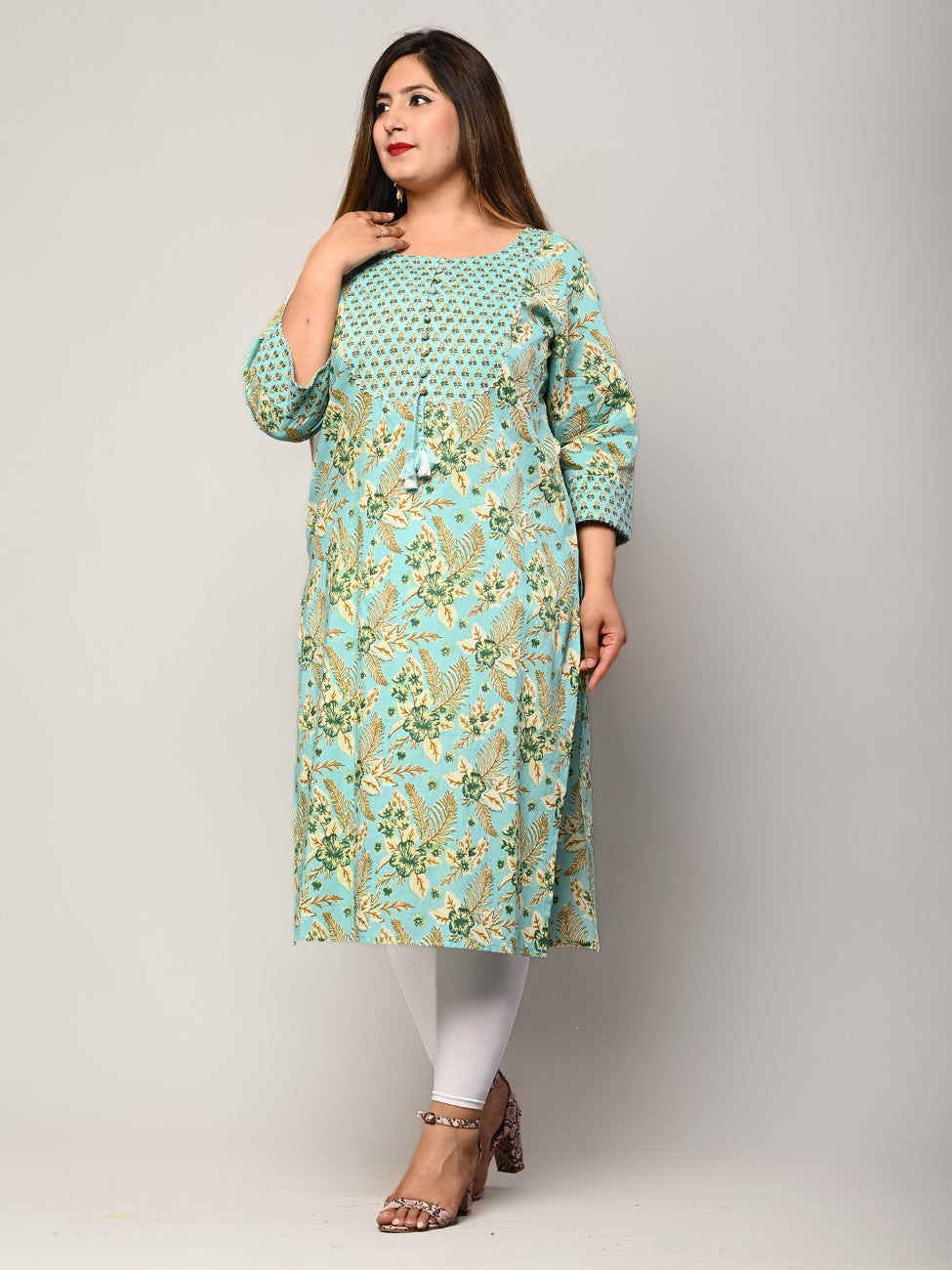 Plus Size Green Cotton Floral Print Straight Kurta-376