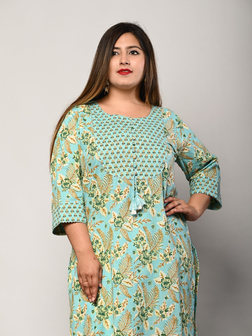Plus Size Green Cotton Floral Print Straight Kurta-376