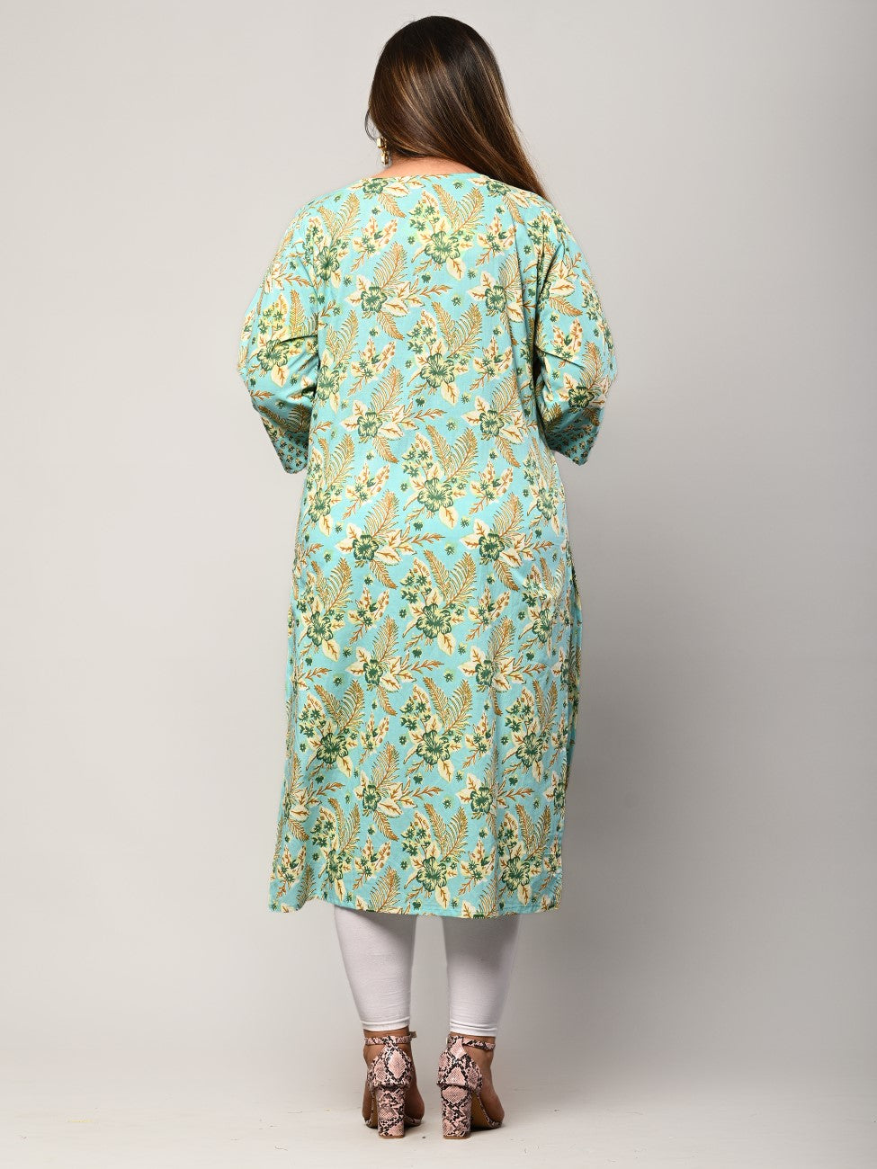 Plus Size Green Cotton Floral Print Straight Kurta-376 Secondary image