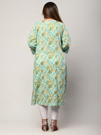Plus Size Green Cotton Floral Print Straight Kurta-376