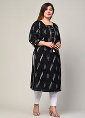 Plus Size Black Cotton Ikat Print Straight Kurta-383
