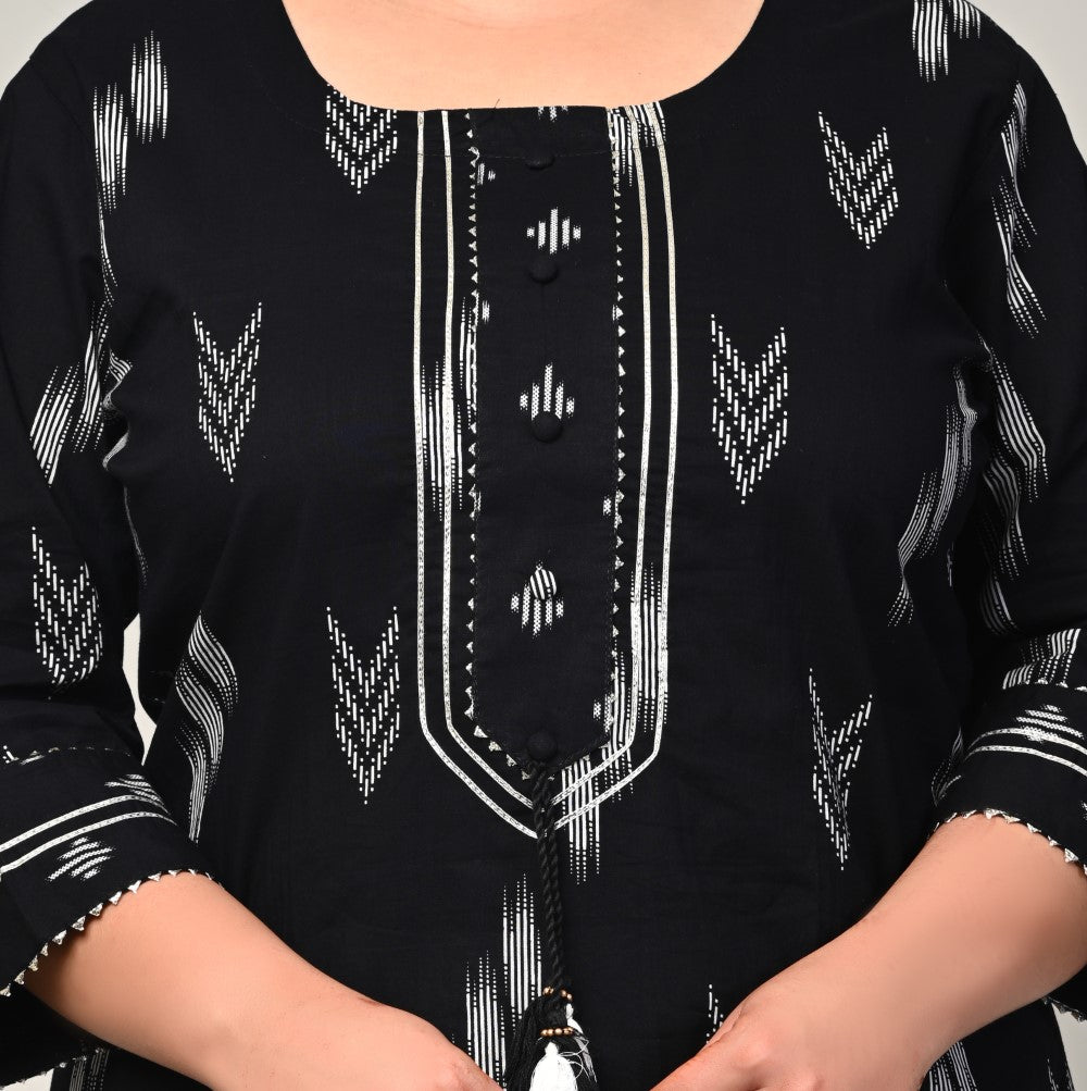Plus Size Black Cotton Ikat Print Straight Kurta-383