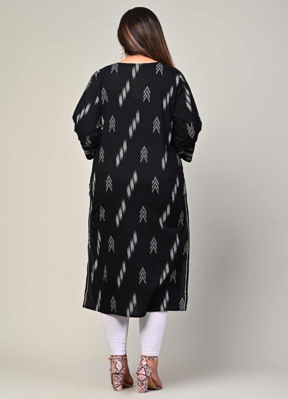 Plus Size Black Cotton Ikat Print Straight Kurta-383