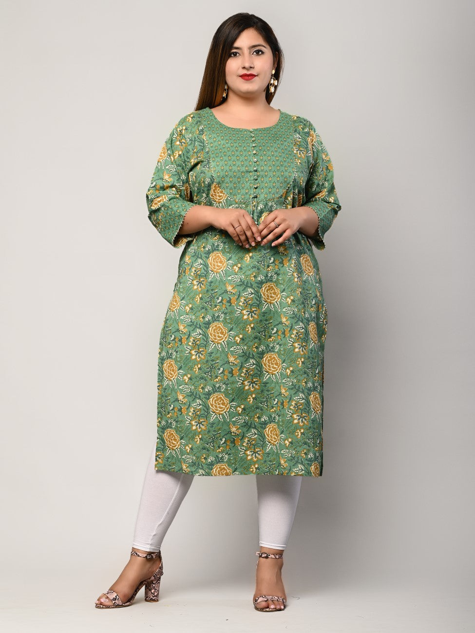 Plus Size Dark Green Cotton Floral Print Straight Kurta-406 Secondary image