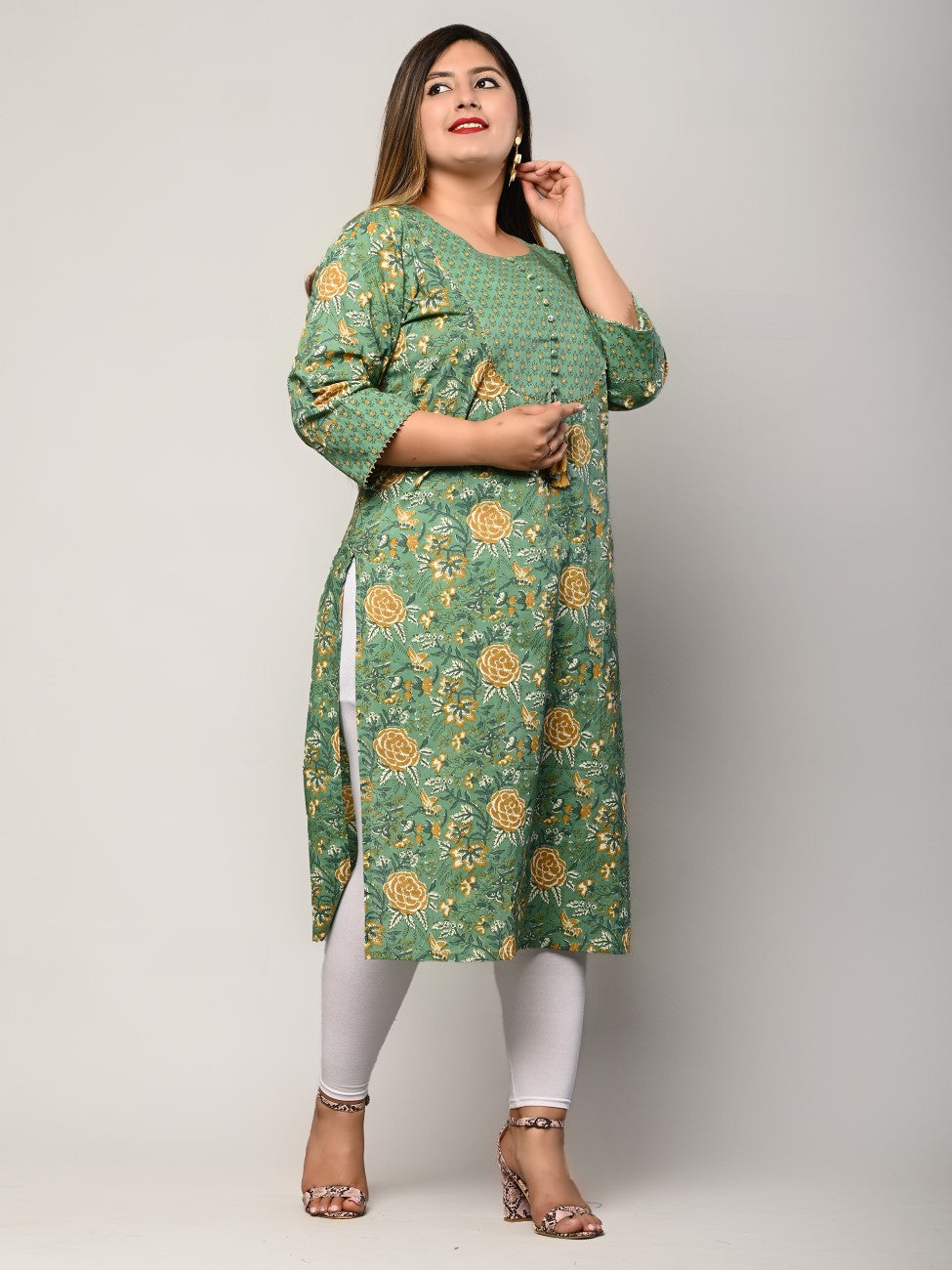 Plus Size Dark Green Cotton Floral Print Straight Kurta-406