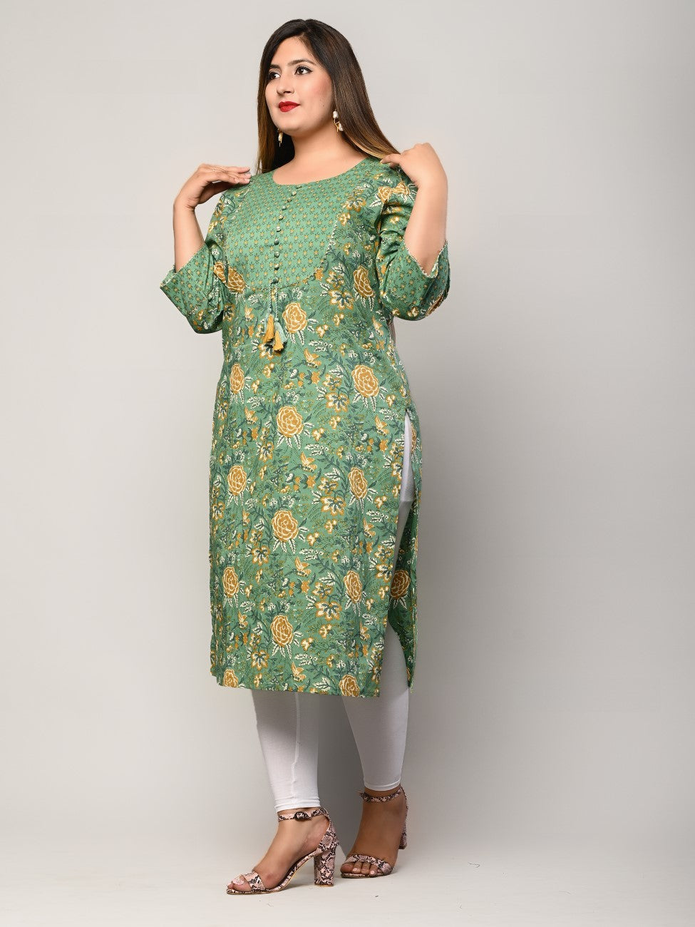 Plus Size Dark Green Cotton Floral Print Straight Kurta-406