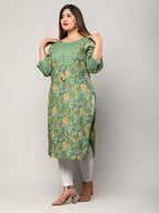 Plus Size Dark Green Cotton Floral Print Straight Kurta-406