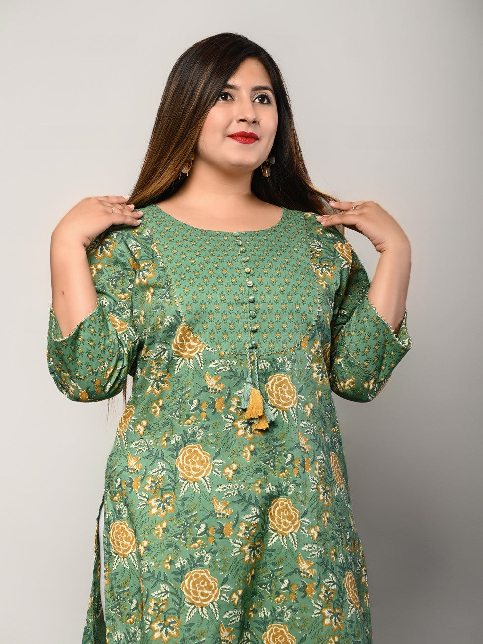 Plus Size Dark Green Cotton Floral Print Straight Kurta-406