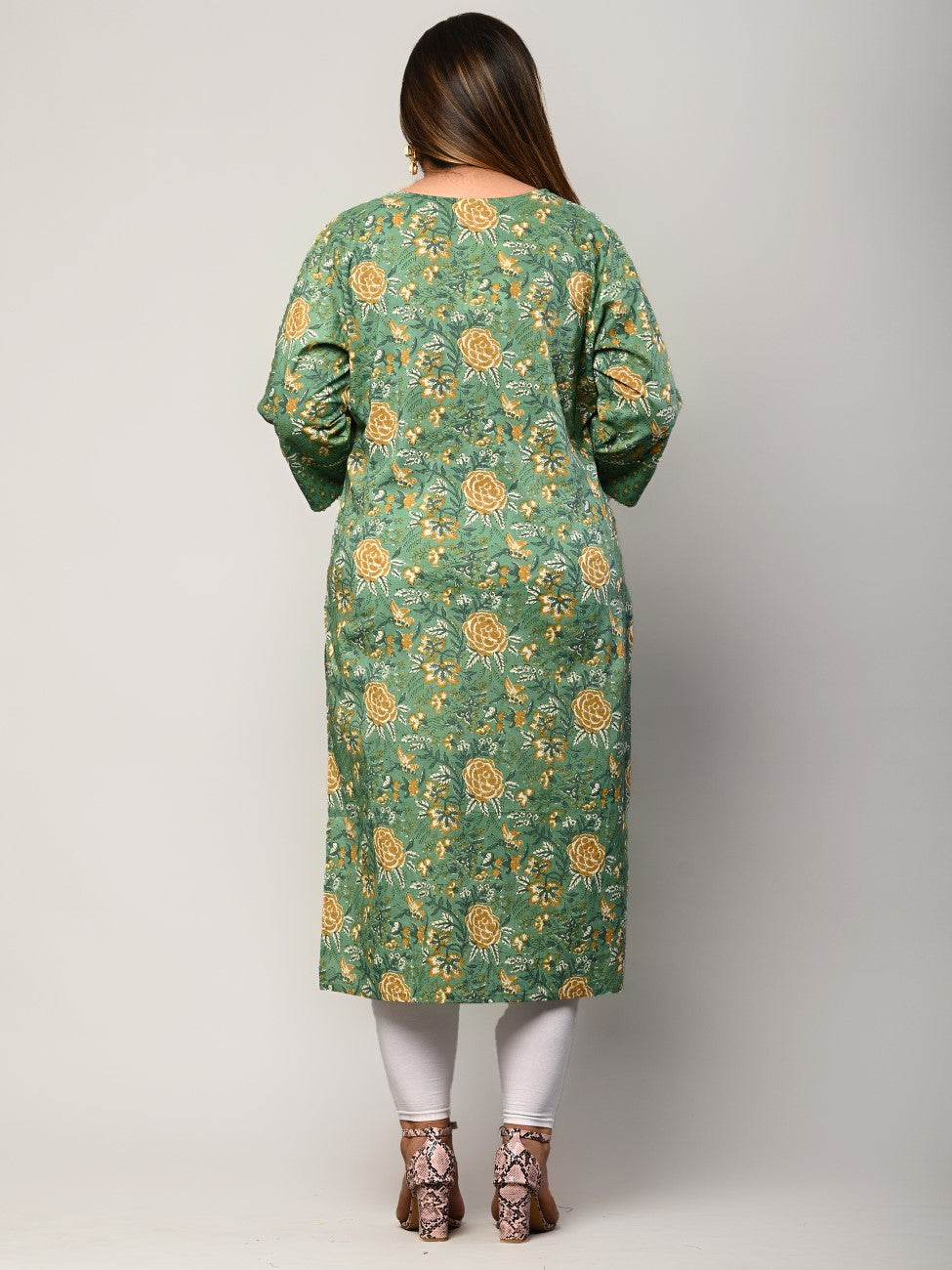 Plus Size Dark Green Cotton Floral Print Straight Kurta-406