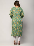 Plus Size Dark Green Cotton Floral Print Straight Kurta-406