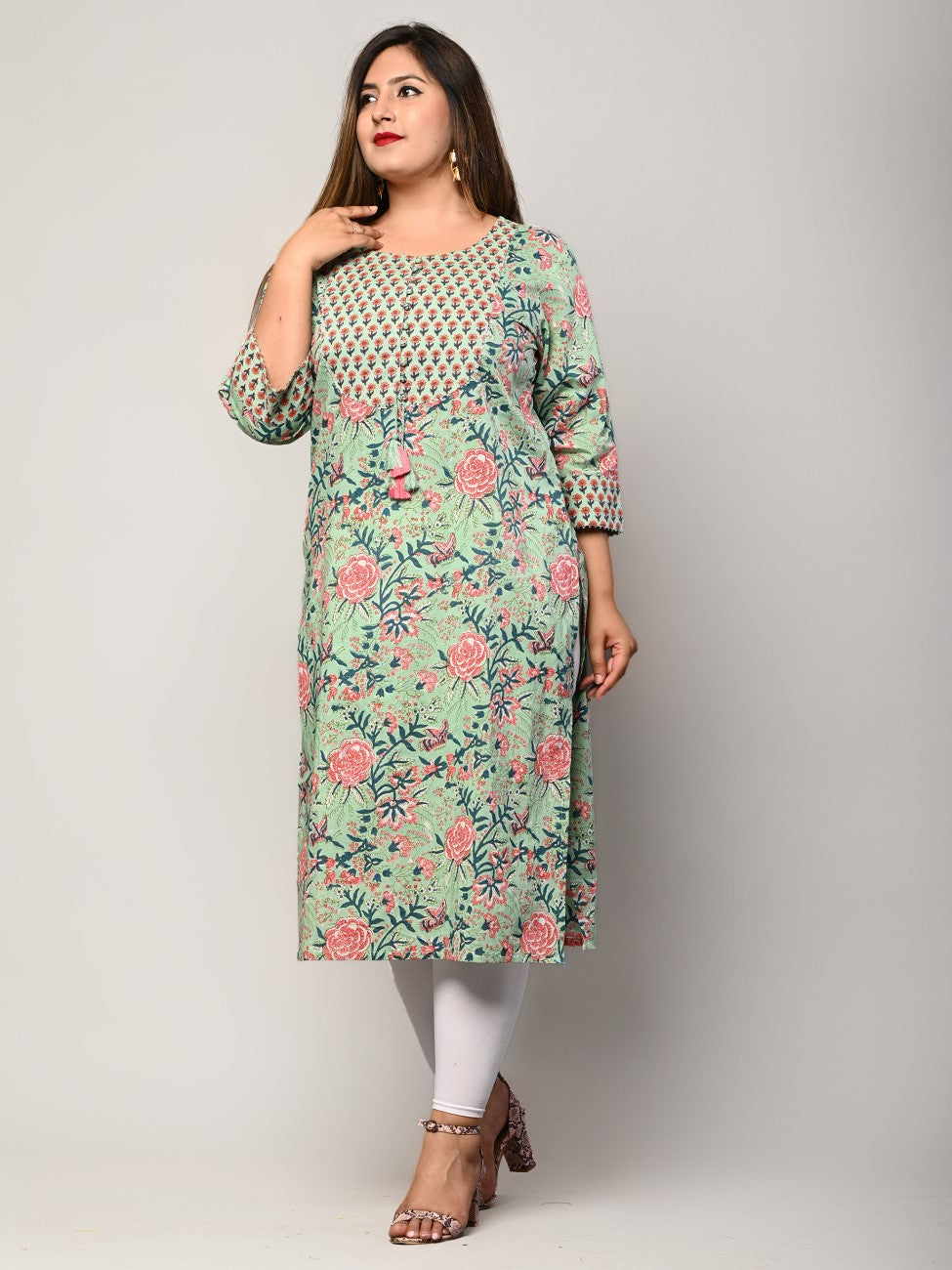 Plus Size Green Cotton Floral Print Straight Kurta-406
