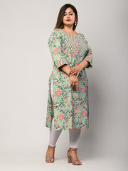 Plus Size Green Cotton Floral Print Straight Kurta-406