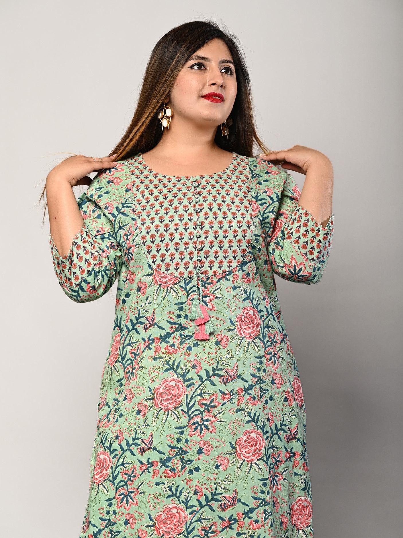 Plus Size Dark Green Cotton Floral Print Straight Kurta-406