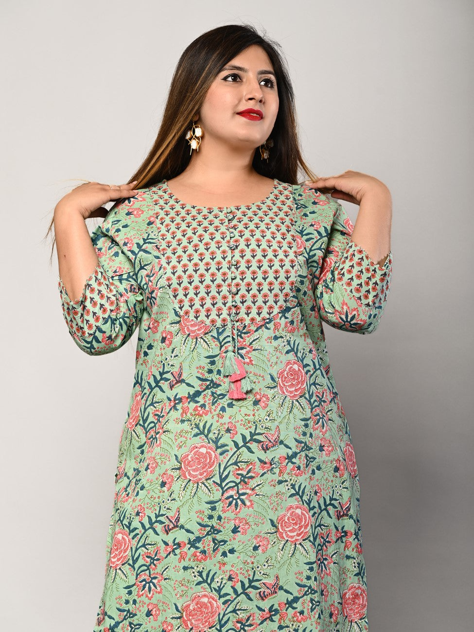 Plus Size Green Cotton Floral Print Straight Kurta-406