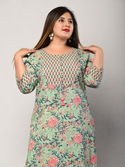 Plus Size Green Cotton Floral Print Straight Kurta-406