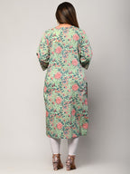 Plus Size Green Cotton Floral Print Straight Kurta-406