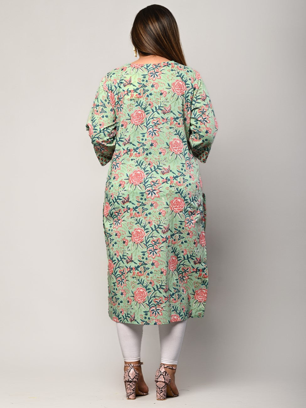 Plus Size Green Cotton Floral Print Straight Kurta-406