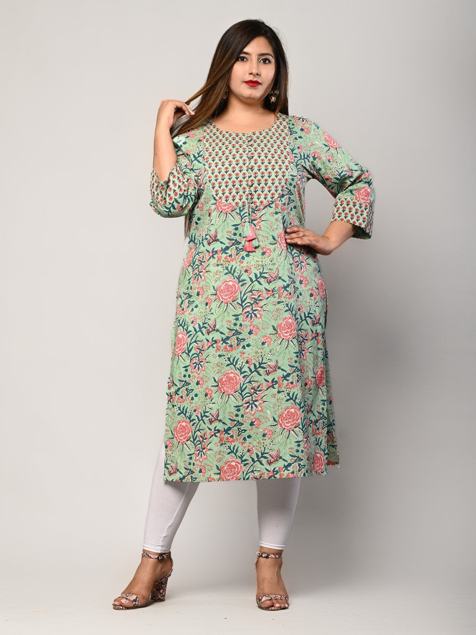 Plus Size Green Cotton Floral Print Straight Kurta-406 Main image