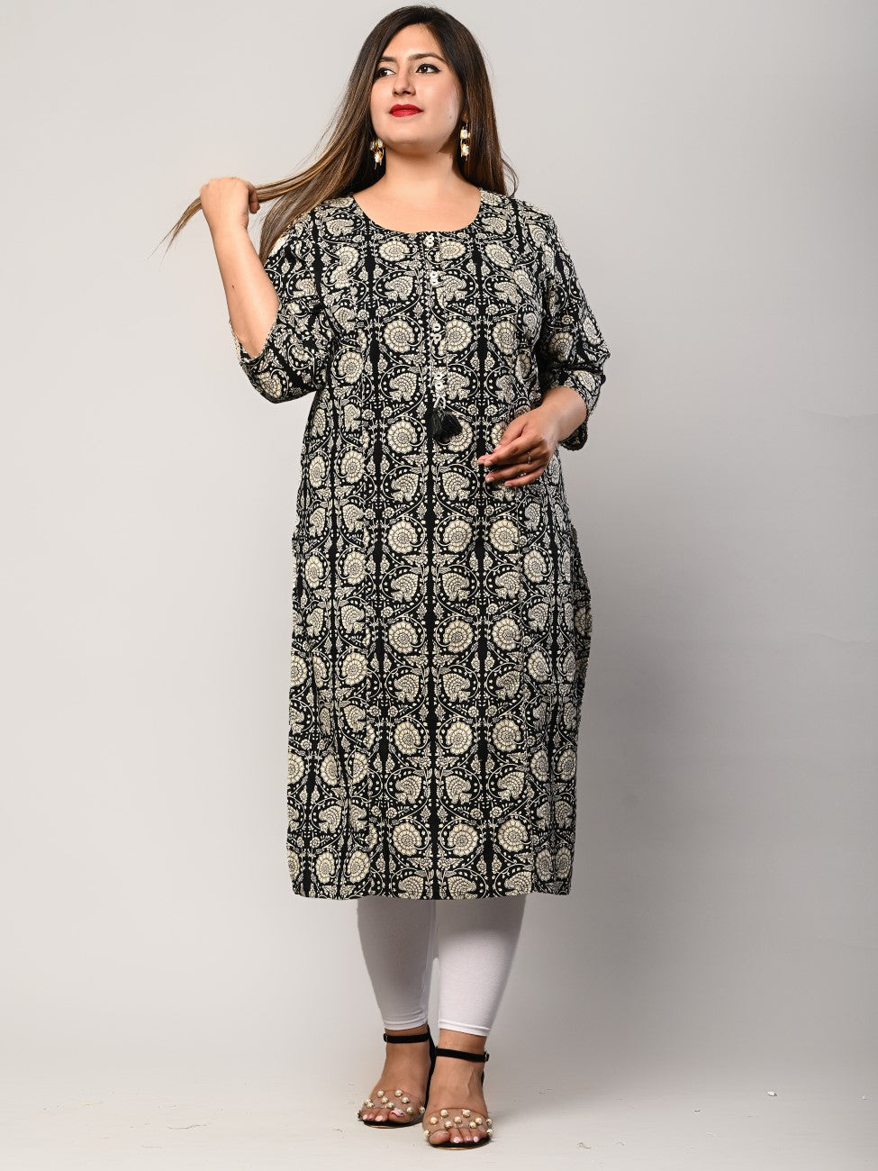 Plus Size Black Cotton Floral Print Straight Kurta-414 Main image