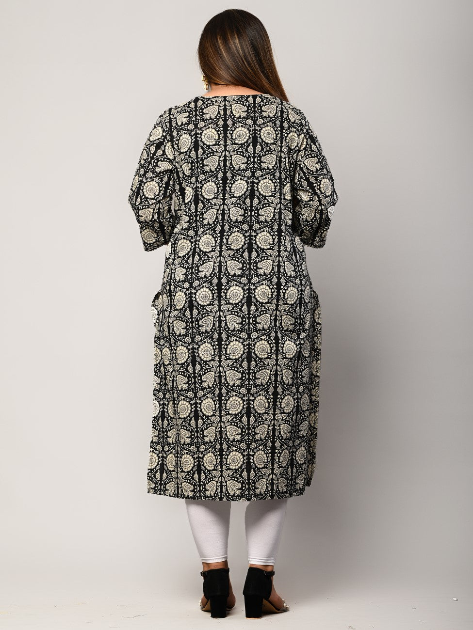 Plus Size Black Cotton Floral Print Straight Kurta-414