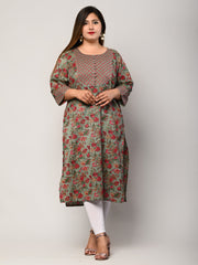 Plus Size Green Cotton Floral Print Straight Kurta-426