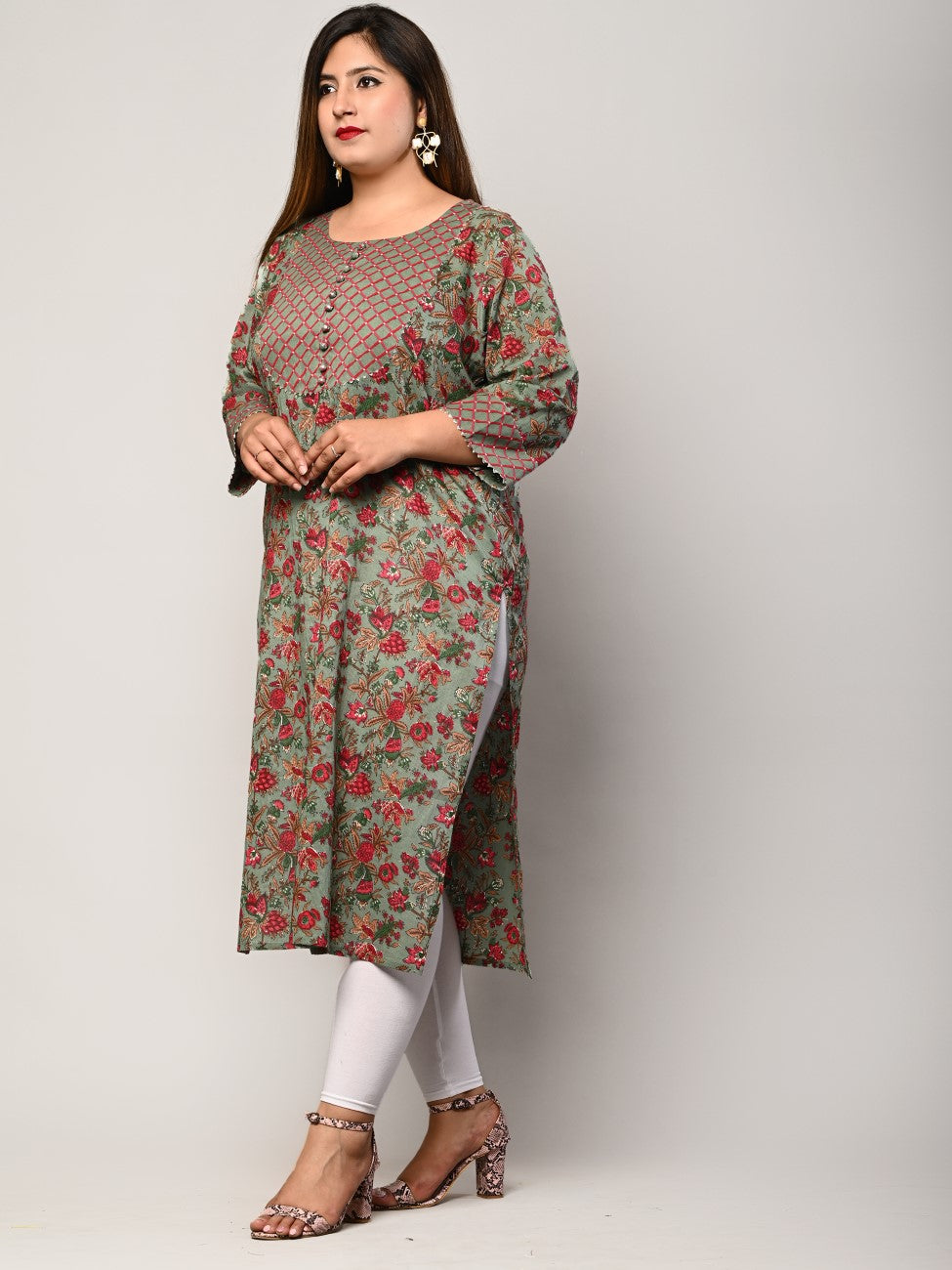 Plus Size Green Cotton Floral Print Straight Kurta-426