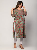 Plus Size Green Cotton Floral Print Straight Kurta-426