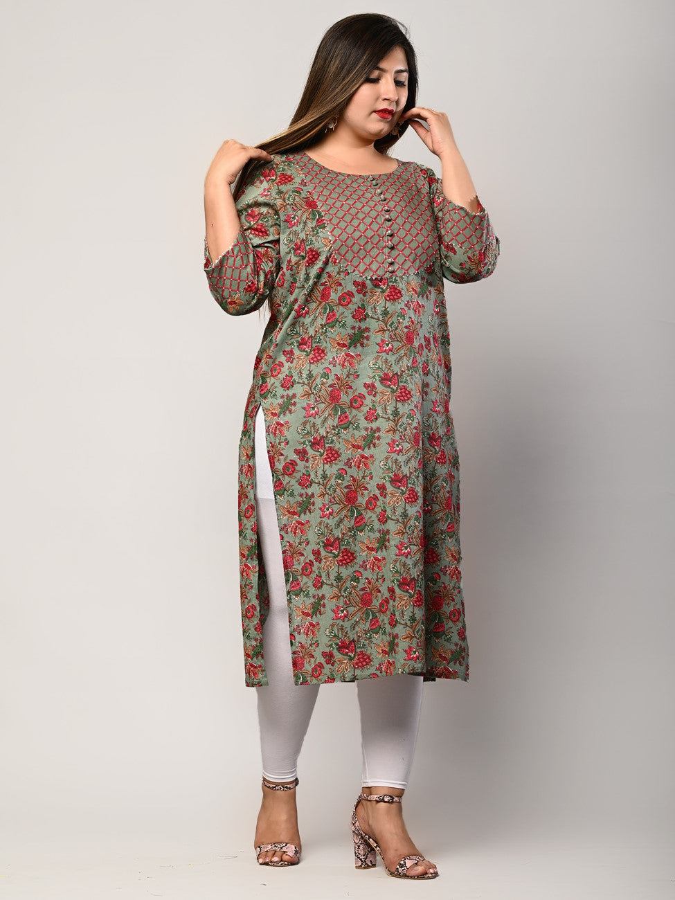 Plus Size Green Cotton Floral Print Straight Kurta-426