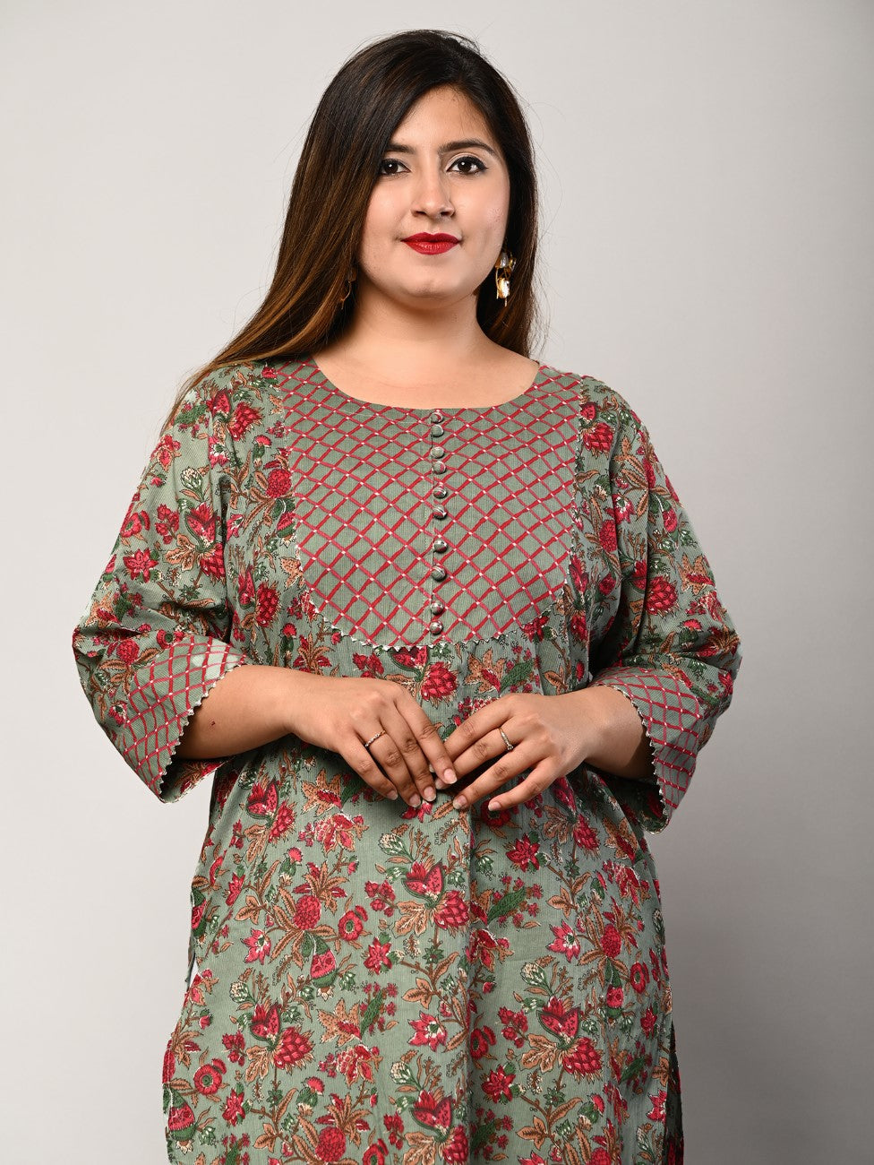 Plus Size Green Cotton Floral Print Straight Kurta-426