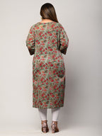 Plus Size Green Cotton Floral Print Straight Kurta-426