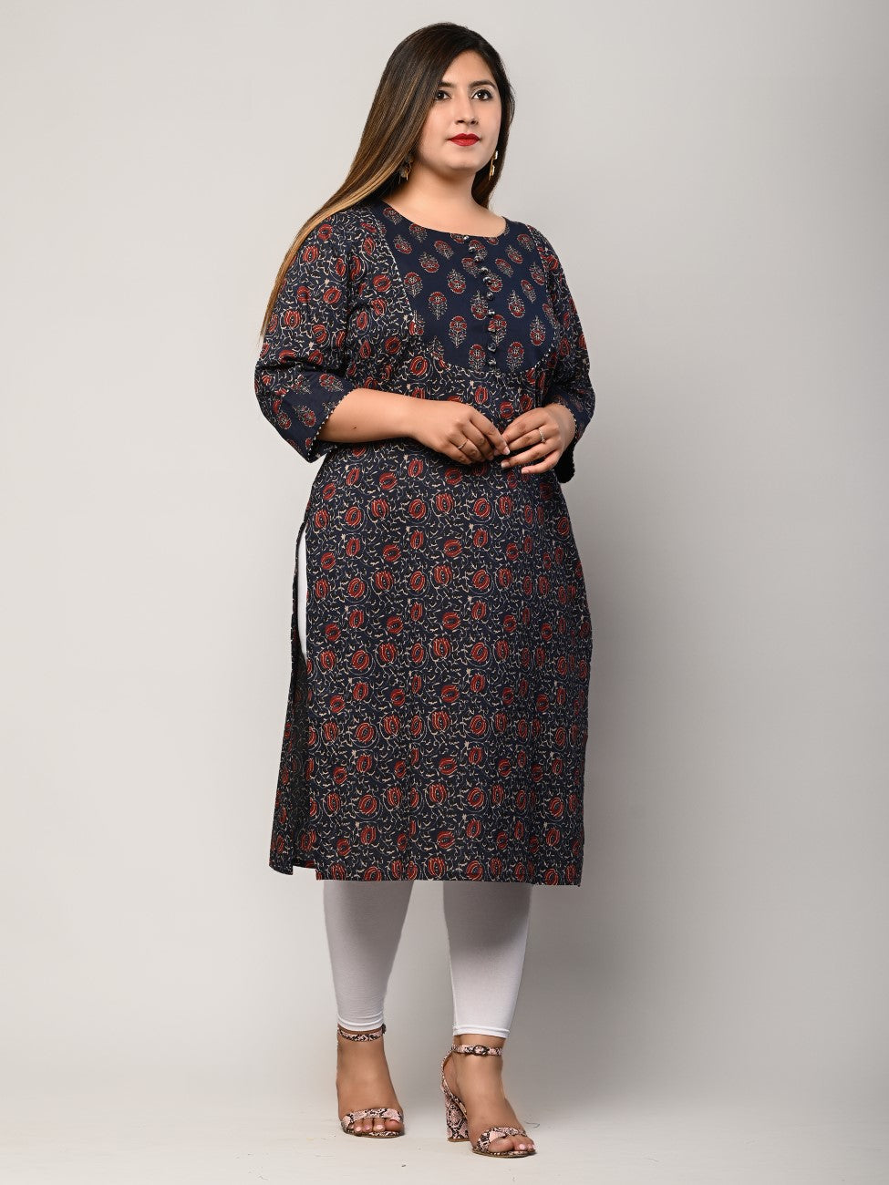 Plus Size Blue Cotton Floral Print Straight Kurta-427 Secondary image