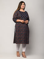 Plus Size Blue Cotton Floral Print Straight Kurta-427