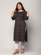 Plus Size Blue Cotton Floral Print Straight Kurta-427