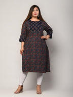 Plus Size Blue Cotton Floral Print Straight Kurta-427