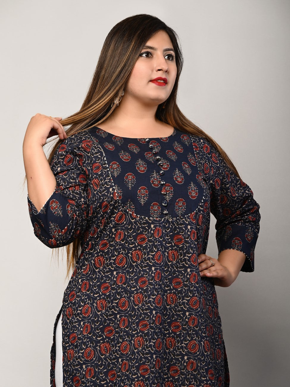 Plus Size Blue Cotton Floral Print Straight Kurta-427