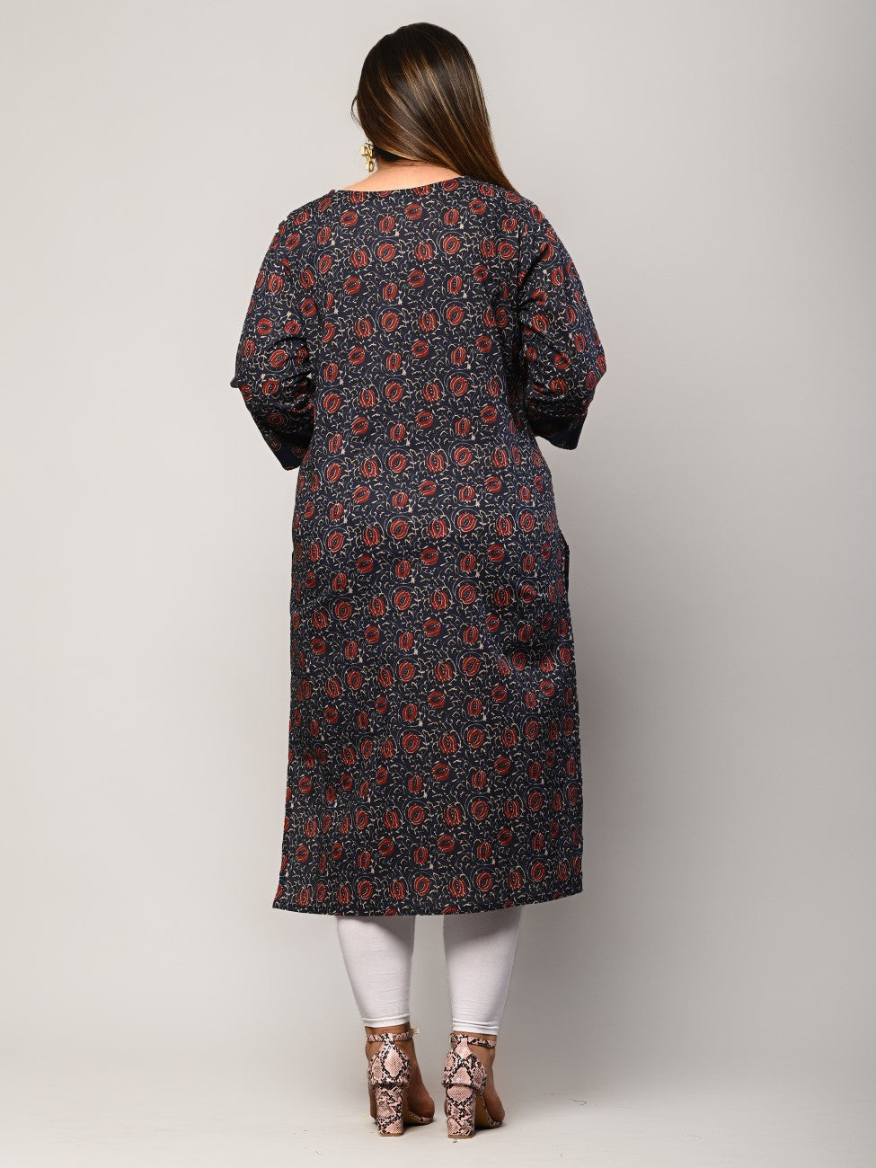 Plus Size Blue Cotton Floral Print Straight Kurta-427
