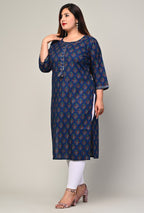 Plus Size Blue Cotton Block Print Straight Kurta-439