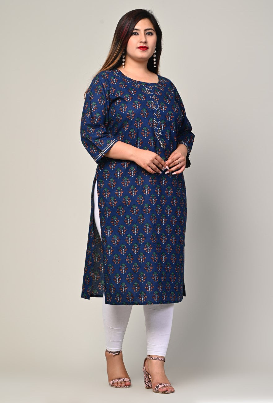 Plus Size Blue Cotton Block Print Straight Kurta-439