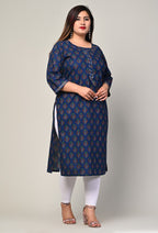 Plus Size Blue Cotton Block Print Straight Kurta-439