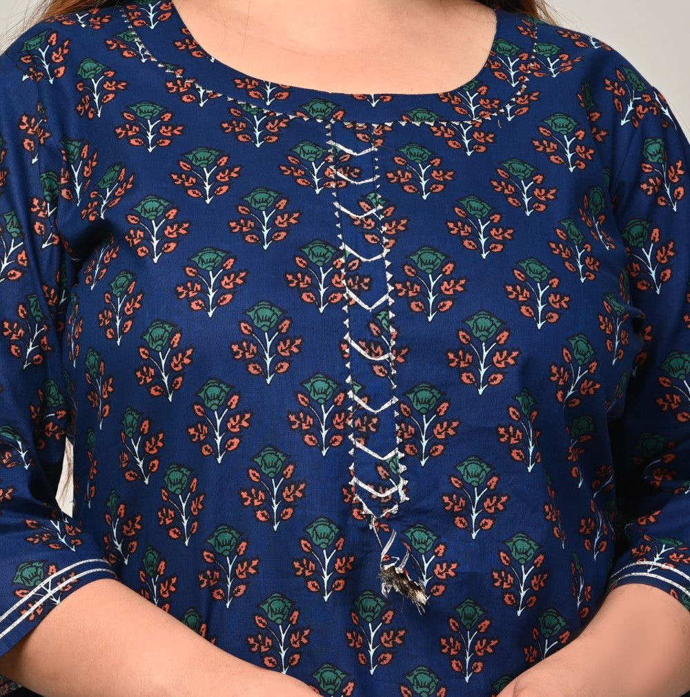 Plus Size Blue Cotton Block Print Straight Kurta-439