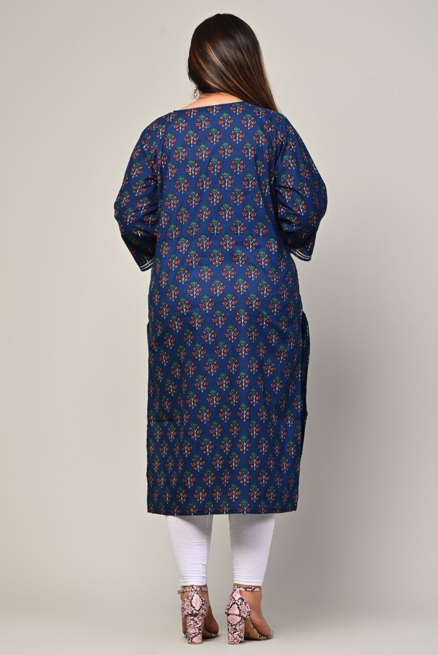Plus Size Blue Cotton Block Print Straight Kurta-439