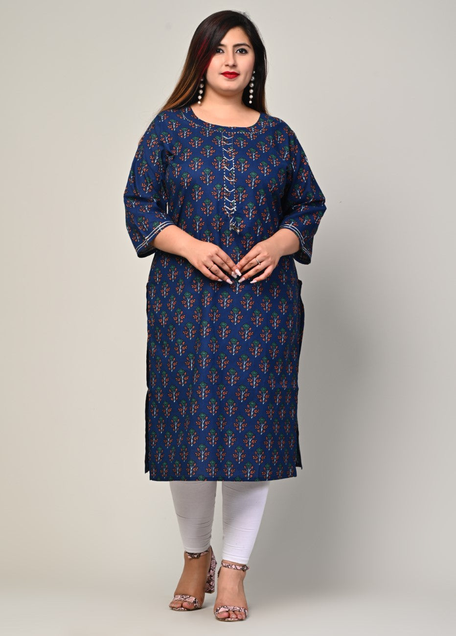 Plus Size Blue Cotton Block Print Straight Kurta-439 Main image