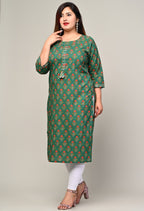Plus Size Green Cotton Floral Print Straight Kurta-440