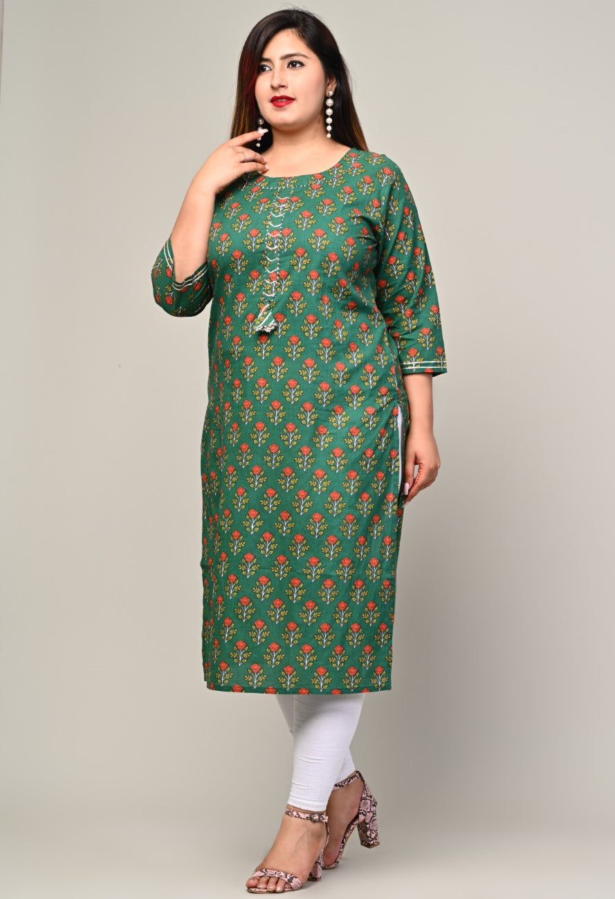 Plus Size Green Cotton Floral Print Straight Kurta-440