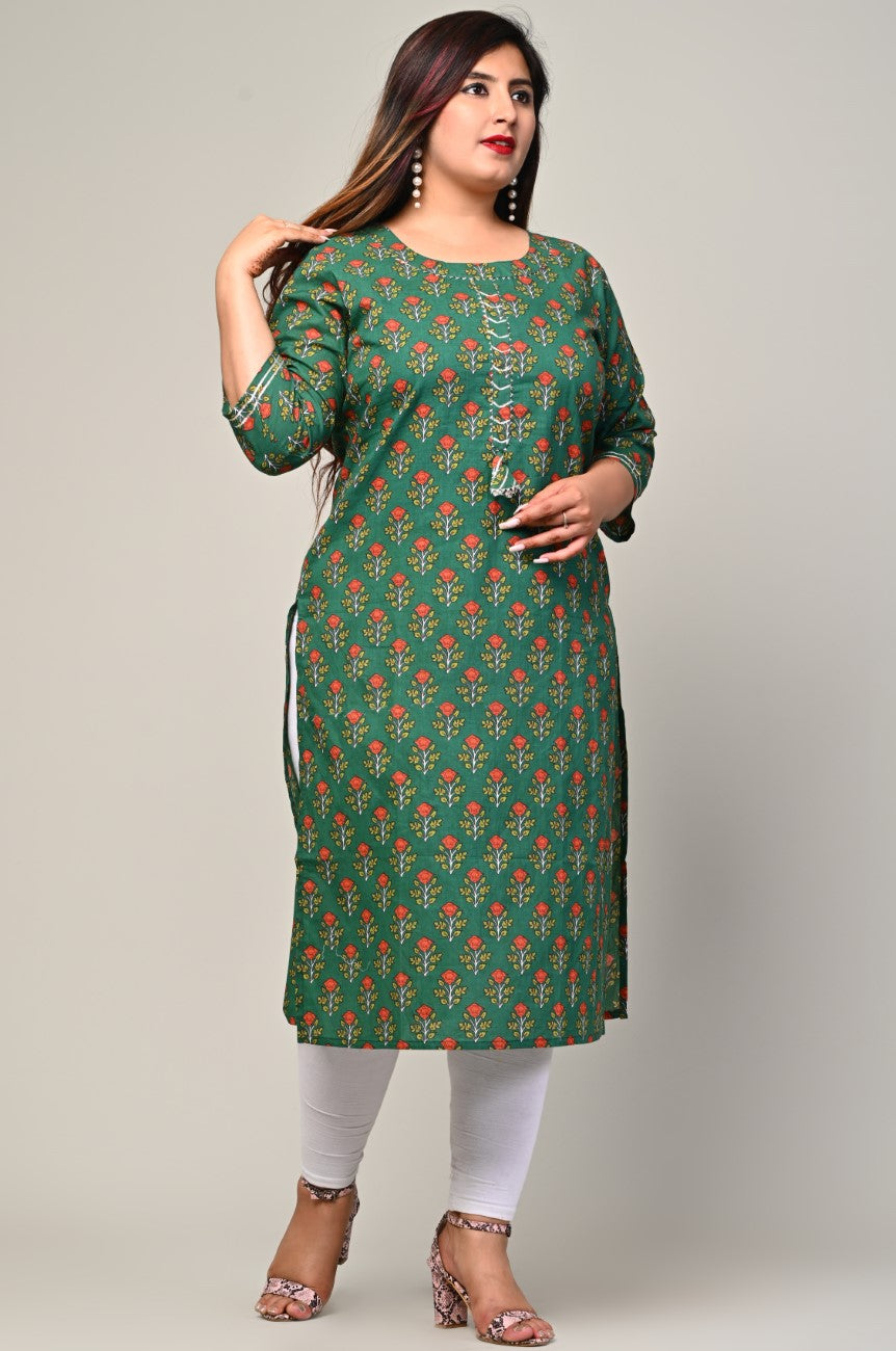 Plus Size Green Cotton Floral Print Straight Kurta-440